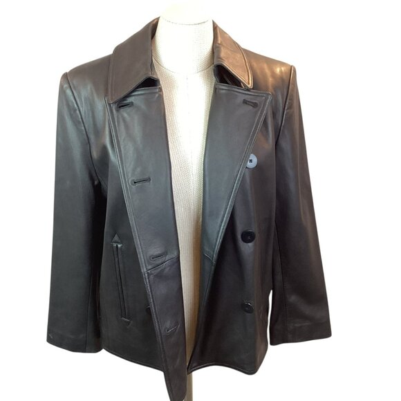 Lauren Ralph Lauren Womens Petite Medium Double-Breasted Leather Jacket Black - Picture 7 of 12